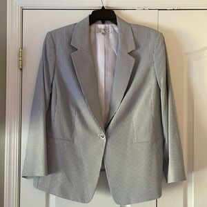 Blue and white pinstriped seersucker blazer.
